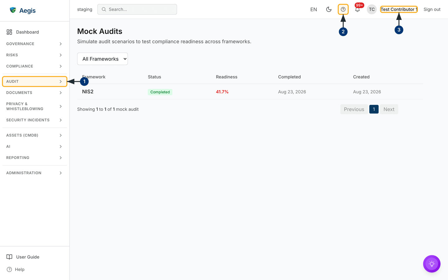 Mock Audits seen as a Contributor — one completed NIS2 run scoring 41.7%, and no Run button in the header — /compliance/mock-audit.