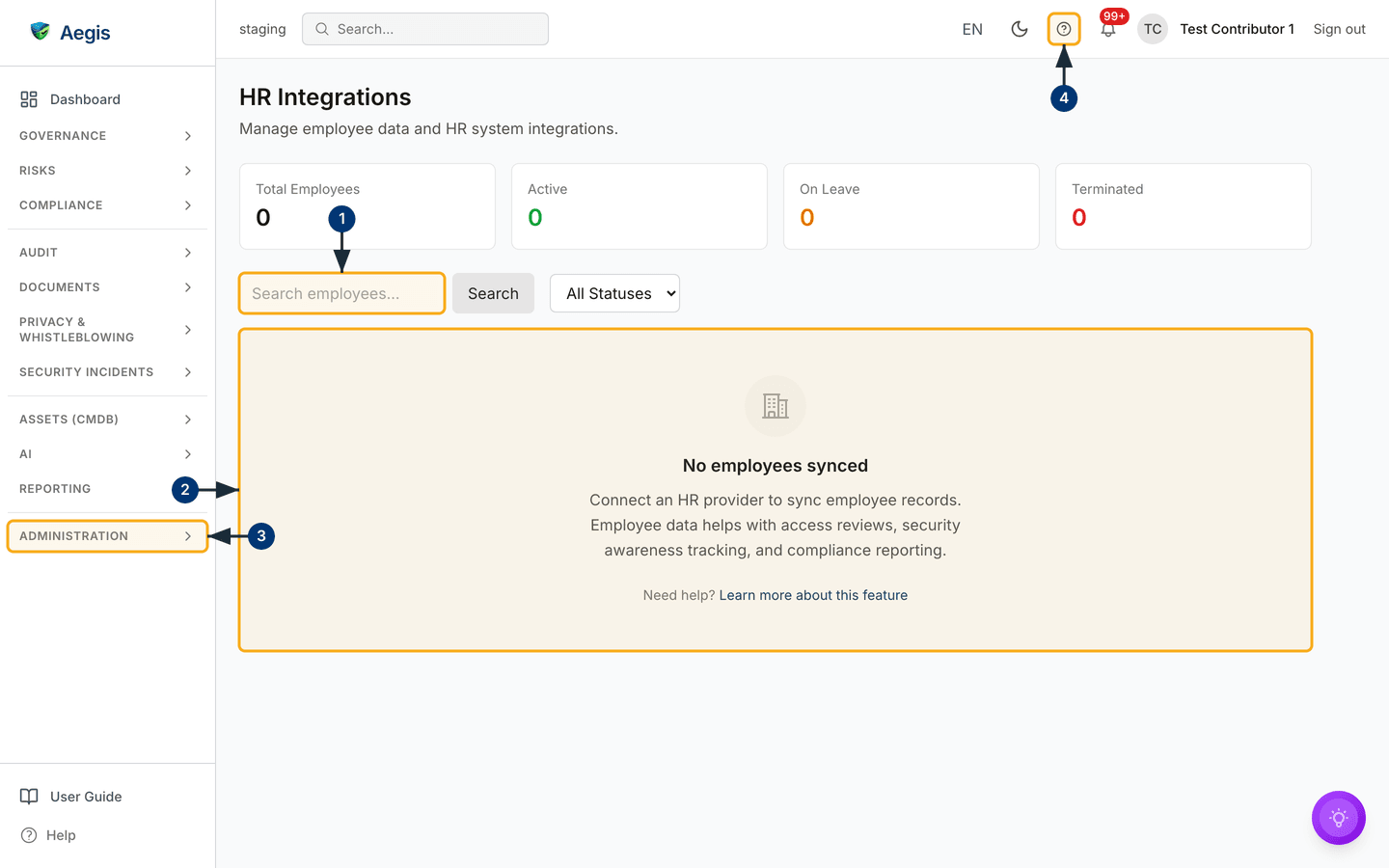 The HR Integrations register — four counters over the synced, read-only employee table — /hr.
